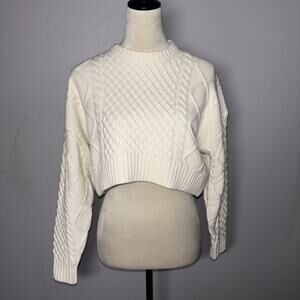 Sunday Best Womens Cropped Sweater XS Cream Cable Merino Wool Blend Pullover